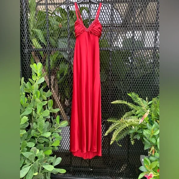 Zum Zum By Niki Livas Dresses | Vintage 90s Zum Zum Satin Slip Dress Maxi Back Ruffle Magenta Size 5/6 | Color: Red | Size: 6 | Elevated_Items's